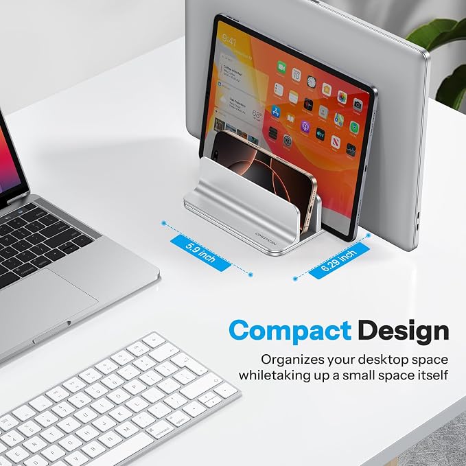 OMOTON 3-Slot Multiple Vertical Laptop Stand, Fits MacBook, Bright Silver | Adjustable Width 0-1.38", Aluminum Office Space-Saving for Desk, Fits MacBook/Book/iPad Up to 17.3in