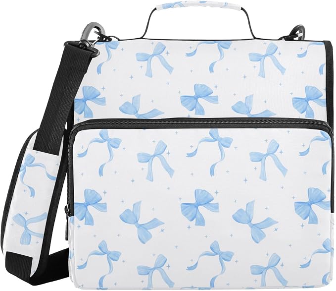 Coquette Blue Bow Watercolor Zipper Binder with Shoulder Strap Bag 3 Ring Binder Organizer Large Capacity Multiple Compartments for School Office