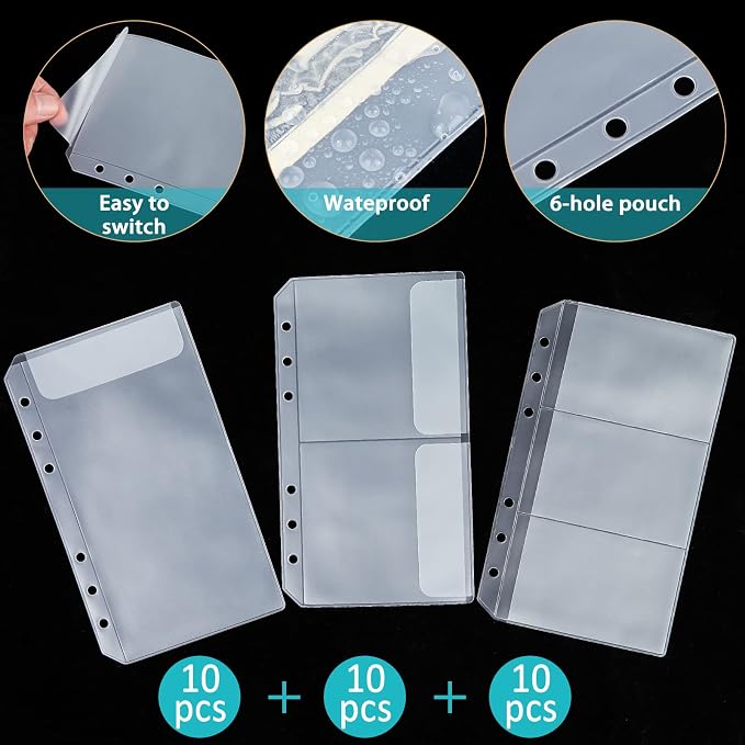 30pcs A6 Binder Pocket Set no Zipper Clear Budget Planner Inserts Bulk Budget Binder Organizer Cash Envelopes for Budgeting Waterproof PVC Loose Leaf Bags Card Sleeves for 6 Ring Notebook