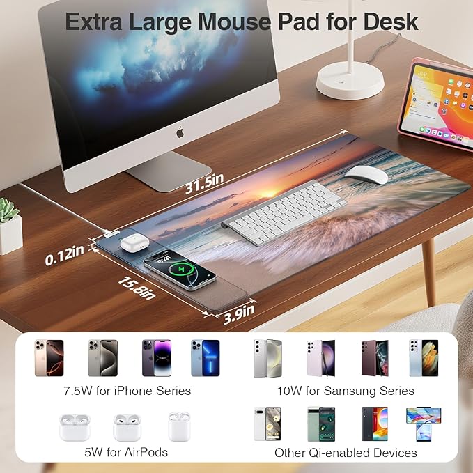 Wireless Charging Mouse Pad, 31.5"x15.8" in, Beach Sunset | Anti-Fray Stitched Edges, Waterproof Premium Textured Surface, Non-Slip Rubber Base, with 20W PD Adapter