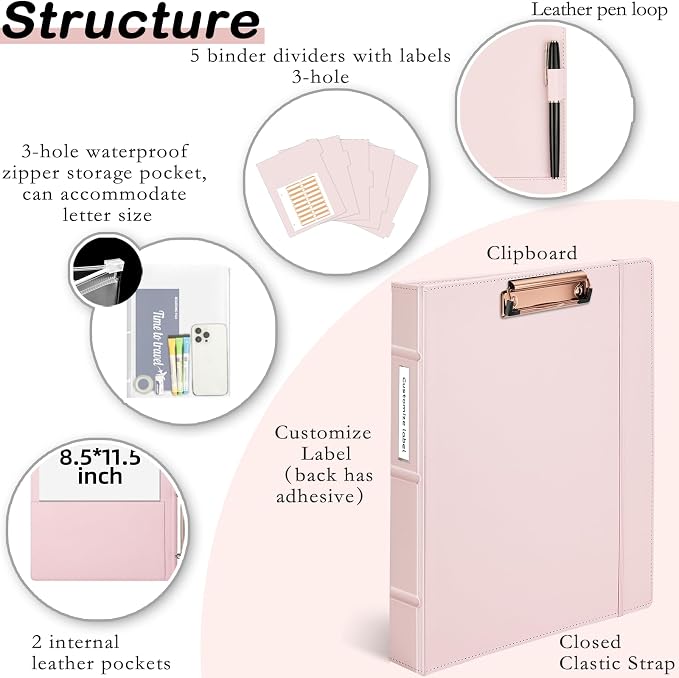 Hardcover 3 Ring 1 inch Leather Binder, Letter Size Binder Dividers with Tabs, PVC Zipper Pouch, Professional Organizer, Faux Rose Pink Leather