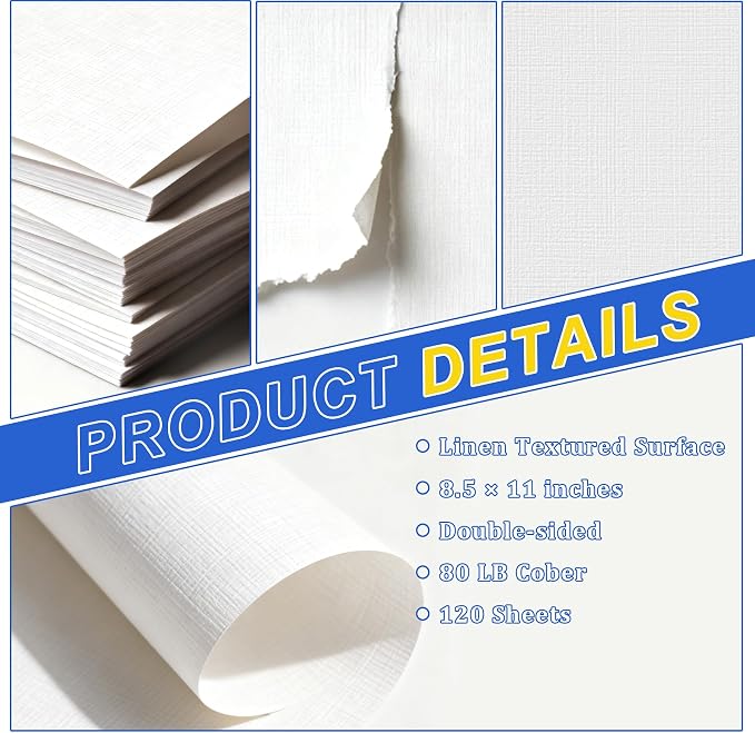 Linen Textured Cardstock 80lb 120 Sheets 8.5x11 Inch Craft Paper for Invitations Printing Scrapbooking DIY Crafts | White