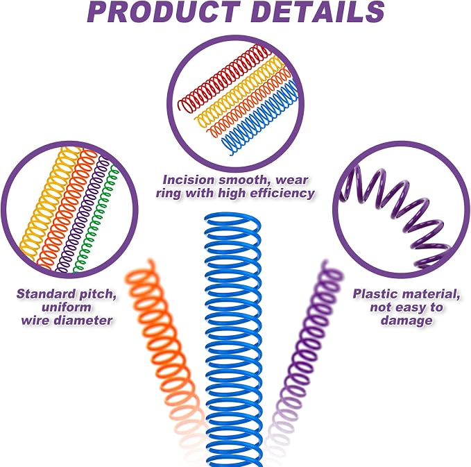 Leinuosen 120 Pack Binder Coils,1/4 5/16 3/8 1/2 5/8 3/4 Inch,Multicolor | Plastic Spiral Binding Coils for Documents, Reports, Notebooks, Compatible with Standard Binding Machines, Office Supplies