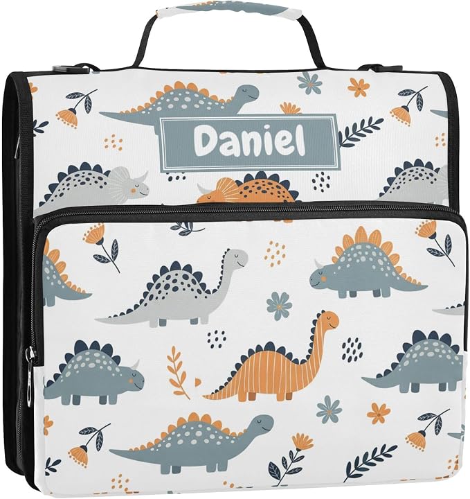 Custom Dinosaurs Flowers White Pattern 3 Ring Zipper Binder with Shoulder Strap & Handle 1.5 Inch D-Ring Zippered Bag with Multiple Pocket, Personalized Binder Organizer for School or Office