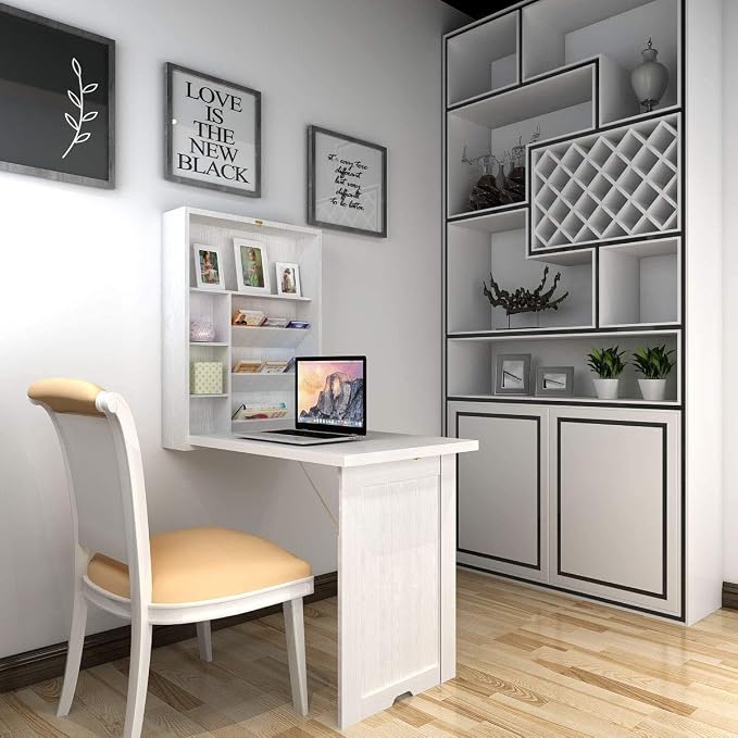 LDAILY LUARANE Wall Mounted Table, Foldable Multiple-Purpose Desk, Fold Out Wood Convertible Writing Desk Bookshelf Cabinet, Large Storage Space, Ideal for Home Office Study (White)