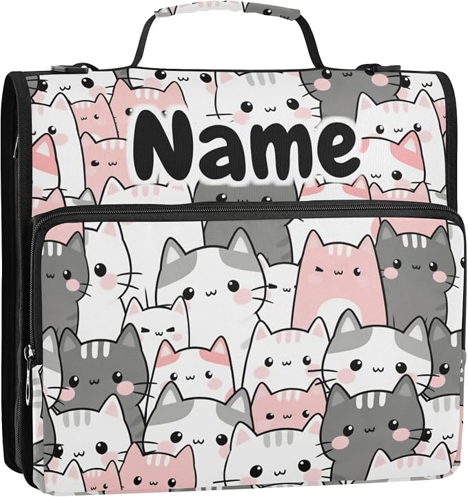 Custom Cute Cats Grey Pink 3 Ring Binder Bag 1.5 inch Personalized Name Binder Organizer 500 Sheet Documents Storage for School Office