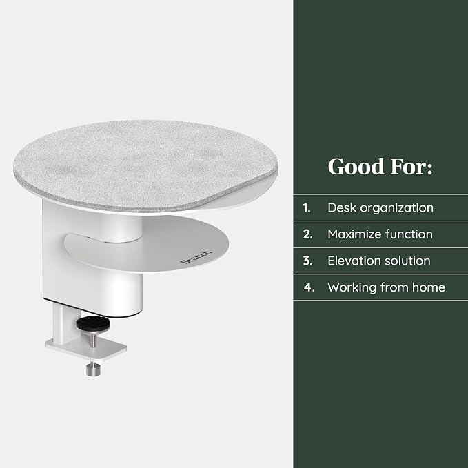 Branch Desk Perch, Elevated Desk Clamp Shelf for Monitors | Laptops, and Accessories, Powder-Coated Steel with Felt-Lined Platform, 2 Tier Organizer, White