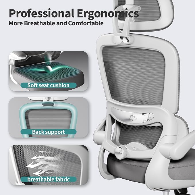 TRALT Office Chair Ergonomic Desk Chair - Gaming Chair with Lumbar Support | 330 LBS Home Office Desk Chairs with Headrest, Reading Chair with Flip-up Armrests, Comfortable Computer Chairs (1, White)