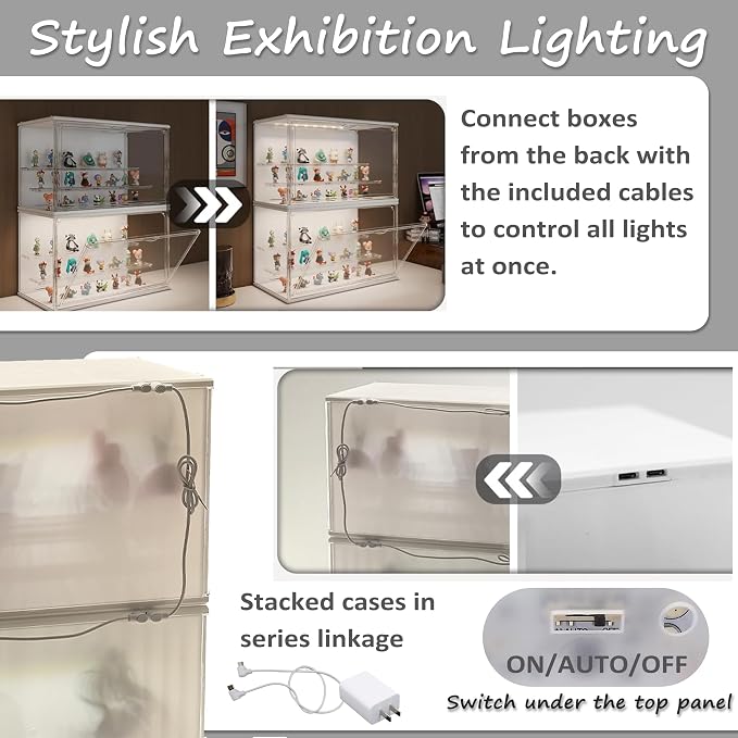 Clear Display Case for Collectibles, 3-Tier Stackable LED Figure Display Case with Magnetic Door, Adjustable Showcase for Models, Miniatures, Jewly (White, 8.8“H-1PC)