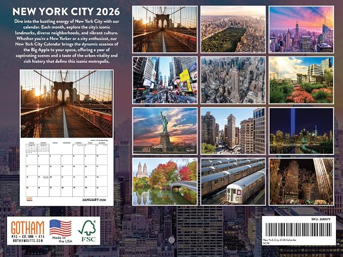 New York City Calendar 2026 Wall 12 Month Monthly Scenic Souvenirs New Yorker NYC Themed Gifts | American Made In The USA