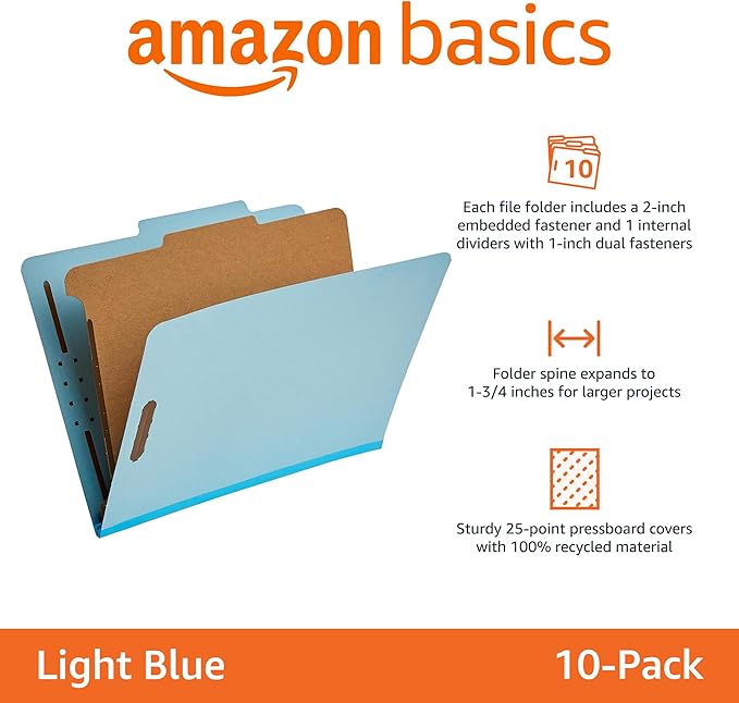 Amazon Basics Classification Folder for Documents and Organization, 1 Divider, 2" Embedded Fasteners, Letter Size, Light Blue, 10 Count (Pack of 2)