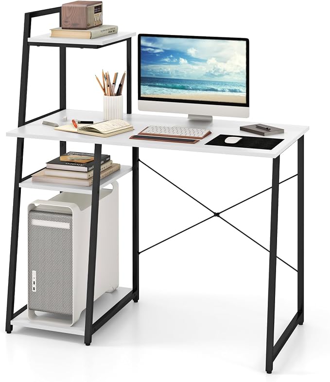 GIANTEX Computer Desk with Shelves, 47.5” Home Office Desk with Bookshelf, Host Stand, Metal Frame, PC Laptop Workstation, Modern Study Writing Desk for Bedroom, Small Space (White & Black)