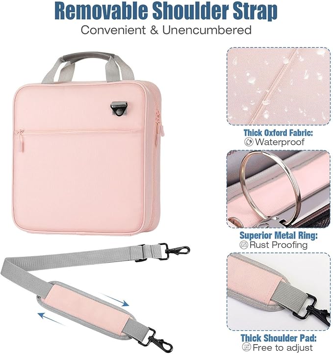 MoKo Zipper Binder, 2-Inch 3 Ring Binder with Zipper, 500 Sheets Capacity Zipper Binders with Shoulder Strap & Handle, Multi-Pocket Zipper Bag Organizer for Work School, Pink & Gray