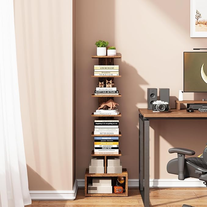 TUTOTAK Book Shelf, Narrow Spine Bookshelf, 8-Tier Bookcase for Small Space | 10.4 x 11.8 x 47.5 Inches Vertical Freestanding Corner Shelf for Living Room, Office, Study, Entryway, Brown BS07BB008