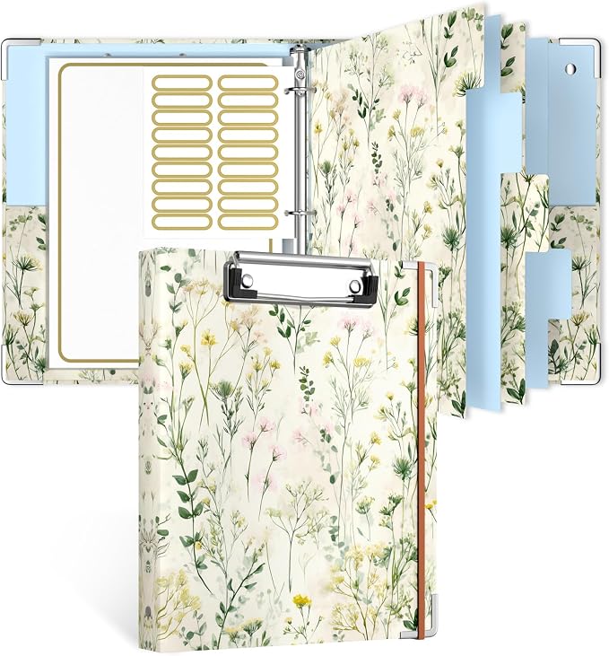 Rouidr Mini 3 Ring Binder with clipboard, 1 inch Round Binder Organizer, 8.5"x5.5" Cute Binder with 5 Dividers Tabs & Clear Sleeves, School Supplies, Office Supplies