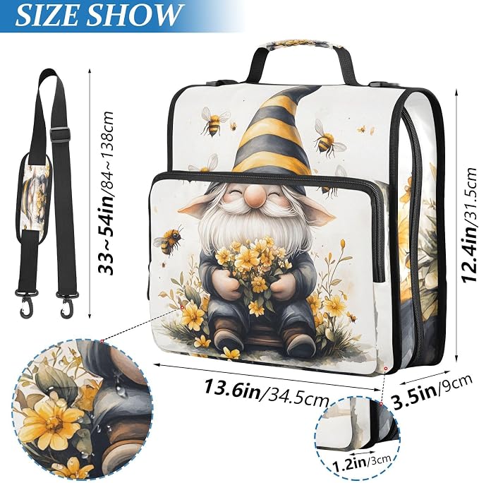 3 Ring Zipper Binder with Shoulder Strap Bee Gnome Yellow Flower 2 Inch Zippered Binder Bag 500 Sheet Capacity Multi Pockets for School Supplies