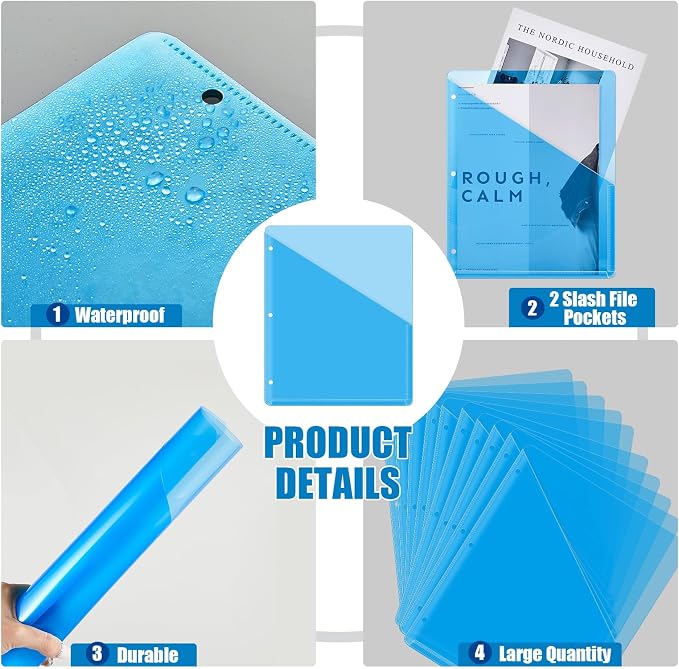 Seajan 100 Pcs Pocket Folders for 3 Ring Binder Clear Plastic Folders Sleeves with 2 Pockets 3 Hole Punch Binder Dividers Poly Slash File Jackets for Office School Document Organizer (Blue)