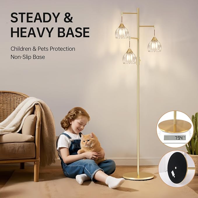 Shenmoyl Stepless Dimming Floor Lamps for Living Room, Bedroom, Gold Standing Lamp with 3pcs 6W Bulbs, Vintage Brass Floor Lamp for Corner, Nursery (Clear Tulip)