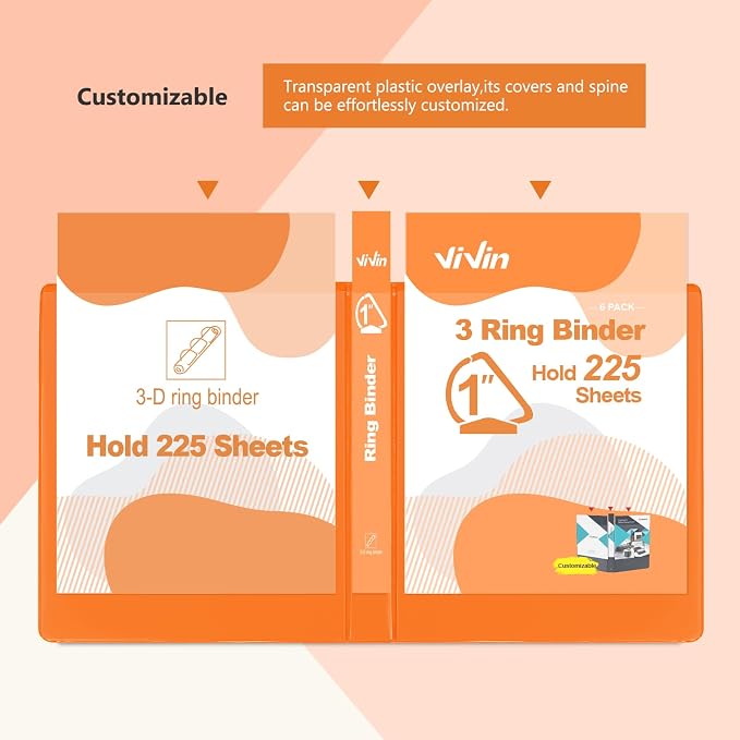 ViVin Sturdy 1 Inch D Ring Binders with 2 Pockets, 6 Pack, Orange | 3 Ring Binders with Clear View Cover, Hold 225 Sheets of US Letter Size Paper, PVC-Free for Office, Home, School