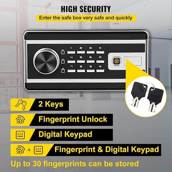 VEVOR Safe - 0.8 CU.FT Fingerprint Safe Box, Q235 Steel, 2 Keys & Digital Keypad for Money, Jewelry, Pistols, Documents, Watches - Home, Office & Hotel