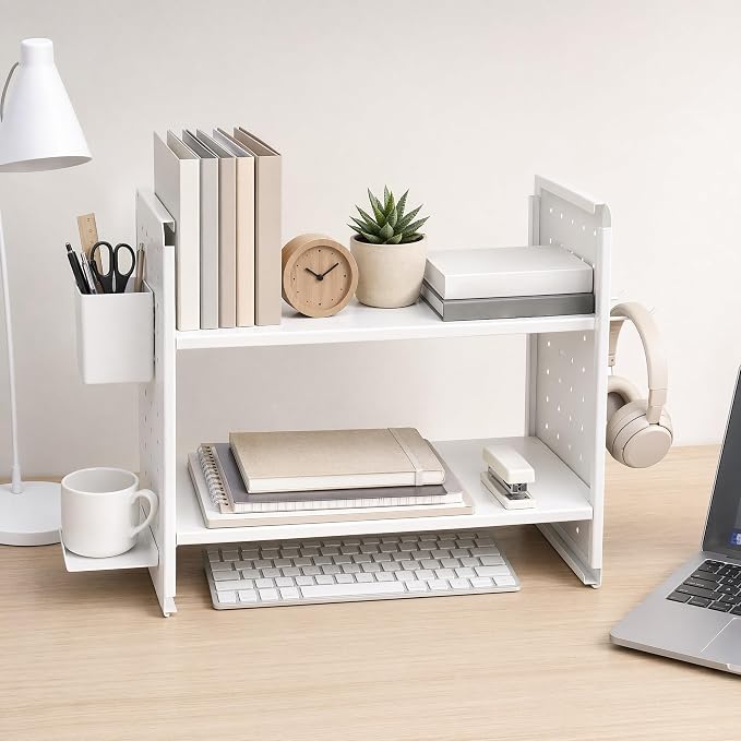 Desktop Shelf Organizer,White Desk Shelf for Dormitory Office | Shelf for Top of Desk with Pegboard Accessories,Bookshelf Supplies Storage Rack Freestanding Display for Dresser Home,2 Tier