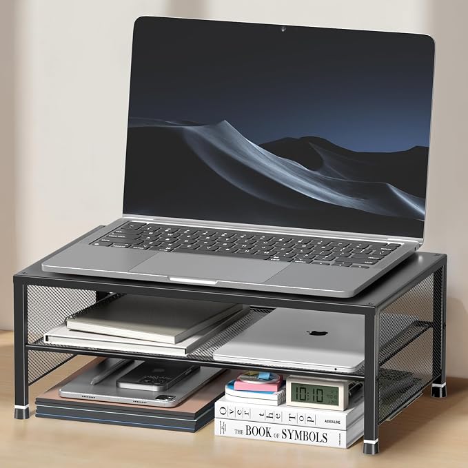 2-Tier Computer Monitor Stand Riser, Laptop Stand for Desk, Desk Organizer for Office, Home and School Supplies, Black