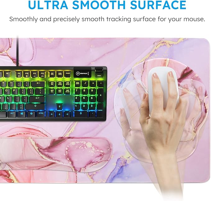 iCasso Glitter Marble Computer Mat 35.4"x15.7", Table Mat for Gaming | Elegant Home Ergonomic Desk Pad with Keyboard Wrist Rest, Mousepad Set for Students Computer Office Workspace Area