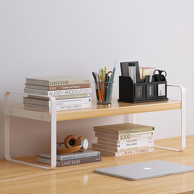 YGYQZ Desk Shelf Organizer for Top of Desk, 1-Tier Desktop Bookshelf, White & Wood
