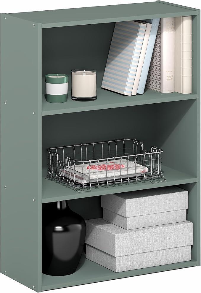 Furinno PASIR Book Shelf, 3-Tier Bookshelf, Storage Shelves Bookcase, 9.7 x 23.7 x 31.5, for Living Room, Bedroom, Home Office, Sage Green