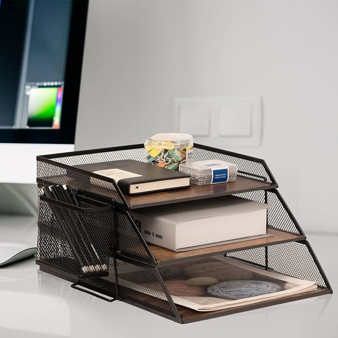 Vintage Wood & Metal Letter Tray， Stackable Desk Organizers Paper Tray， for File Magazines Mail Organizer, Vintage Wood Desk File Organizer with Pen Holder(3 Layer)