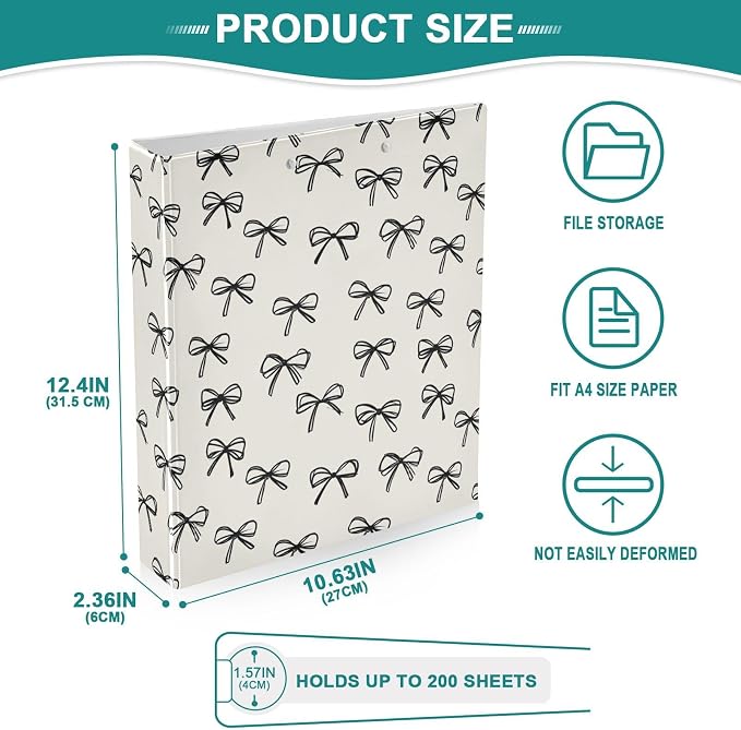 Black Bow Pattern 3 Ring Binder 1.5 Inch 2 Pack with 200 Sheet for Kids School Supplies Women Men Office
