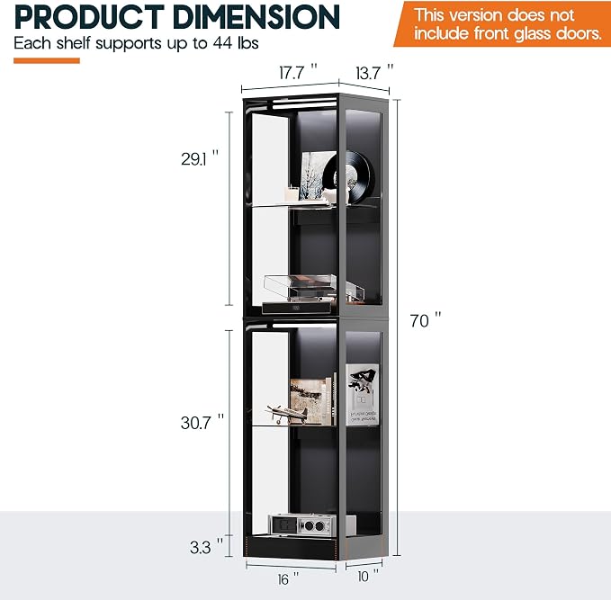 AMERLIFE 18-Inch RGB Open Display Cabine | 70 H x 18 W x 14 D In, 4-Tier Storage, Adjustable Shelves, RGB LED Lights, Open Design, Black