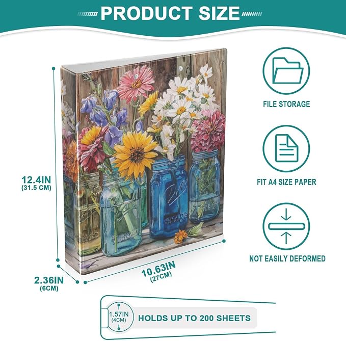 Wildflower Glass Jar 3 Ring Binders 1.5 Inch Clear View Three Ring Binders Versatile Binder for Work School Office Supply 1 Pack