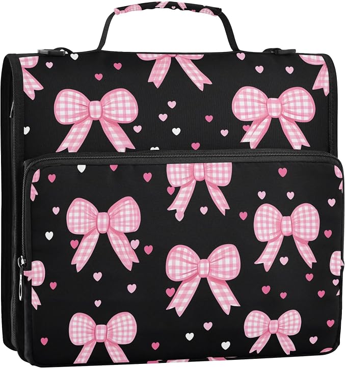 3 Ring Zipper Binder with Shoulder Strap Pink Bow Heart 2 Inch Zippered Binder Bag 500 Sheet Capacity Multi Pockets for School Supplies