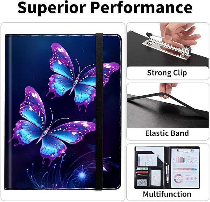 Padfolio/Portfolio Folder Clipboard,Padfolio Clipboard,Writing Portfolio Leather with Cover for Card Holder Slot Letter Size A4 for Office Conference Notepad Clip Boards,Delicate Butterfly
