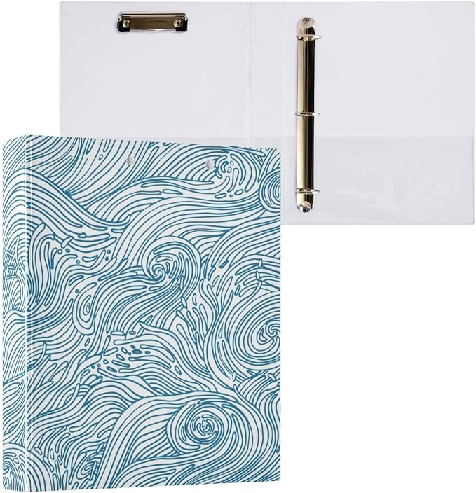 Line Drawn Wave Water Ripple Binder 1.5 Inch Binder with Clipboard&Pockets, Blue and White Heavy Hardcover Binders 3 Ring, Duty Large File Folder for Office School Supplies - Holds 200 Sheets