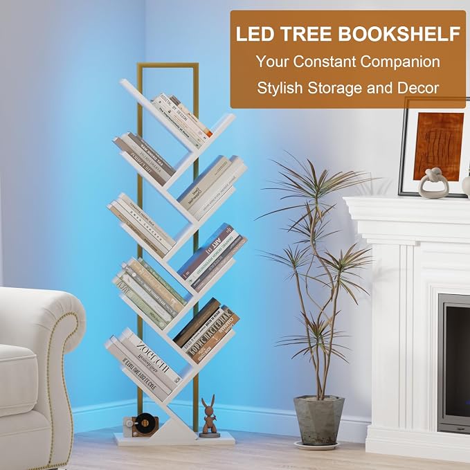 Qupui 9-Tier Tree Bookshelf with LED Lights, Tall Corner Bookcase, White | RGB 22 Modes 6 Brightness. Tree Branch Design. 9 Open Shelves. Engineered Wood With Metal Frame. T-shaped Stability