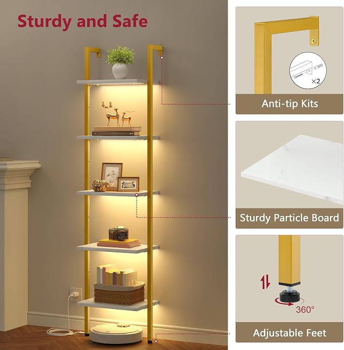 5 Tier Ladder Shelf with Light, Wall Ladder Book Shelf Gold & White | Wooden Ladder Shelf with Metal Frame, Leaning Ladder Shelf Narrow Ladder Bookshelf for Living Room, Bedroom, Office