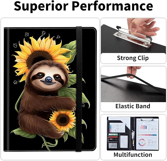 Padfolio/Portfolio Folder Clipboard,Padfolio Clipboard,Writing Portfolio Leather with Cover for Card Holder Slot Letter Size A4 for Office Conference Notepad Clip Boards,Lovely Sloth Sunflower