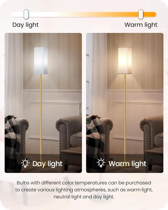 Floor Lamp, Pole with Foot Switch, Modern Standing Lamp Lampshade, Minimalist Freestanding Lamp (Bulb Not Included), for Living Room, Bedroom Office ETL Listed Gold and White DCW07LD05