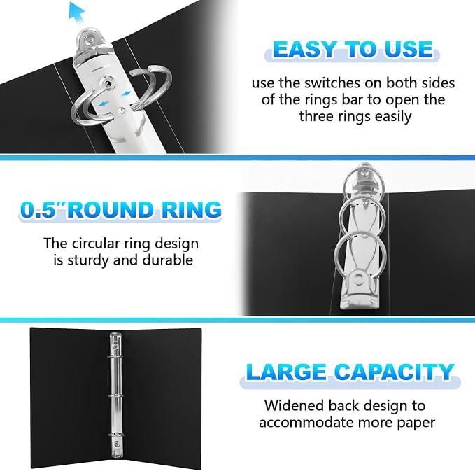 Henoyso 12 Pcs 0.5 Inch Mini 3 Ring Binders Fits 5.5" x 8.5" Paper, Holds(Capacity 140 Sheets), Plastic Flexible Three Round Rings Small Black A5 Binders Bulk for School, Office Use, Photo Album