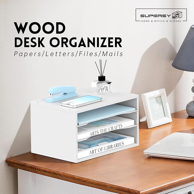 3 Tier Wood Desk Organizer, Mail Sorter and Paper Organizer for Desk, White | Wooden Desktop Organizer for Sorting Papers, Letters and Mails, Literature Organizer for Home Office, Classroom Organization