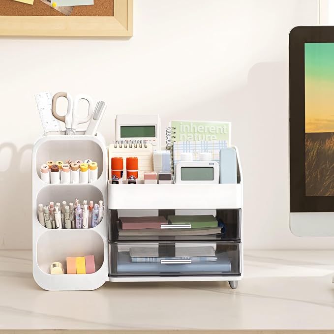 HBlife Desk Organizer with Pen Pencil Holder for Desk, Pen Organizer with 2 Drawers, Desk Organizers and Accessories with 4 Compartments, Desktop Storage for Office Home School Art Supplies, White