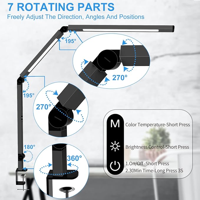 LED Desk Lamp with Clamp, Architect Desk Lamp for Home Office with Remote Control, Swing Arm Clamp on Computer Light, Clip-on Eye-Care Adjustable 5 Brightness Levels Table Light for Working Drafting