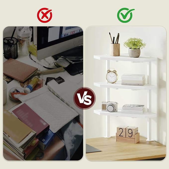 MAHANCRIS Clamp on Desk Corner Organizer, 3-Tier Desktop Shelf, Adjustable Desk Corner Storage Shelf with Metal Frame, for Office, Game Room,White DSWT5501