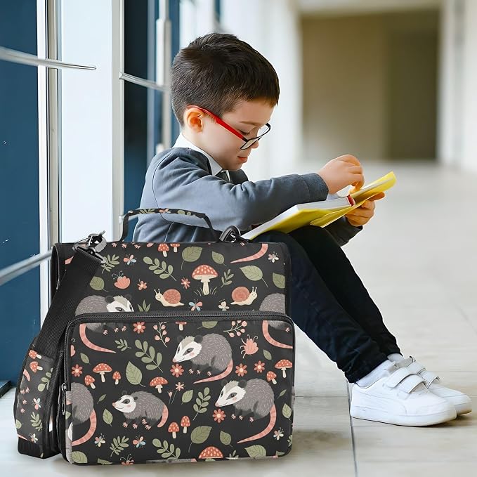 Opossum Mushroom Black Print Zipper Binder Bag 3 Ring with Shoulder Strap & Handle Multi Pocket Binder Organizer Bag Large Capacity for School Office Supplies