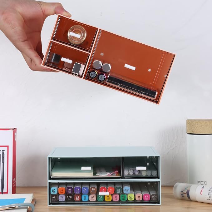 Stackable Storage Drawers, Office Desk Organizer with 4 Mix Drawers | Pink, Plastic Mini Desktop Storage Box, Tabletop Small Craft Drawer for Office Supplies, Makeup Desk Organizer and Accessory