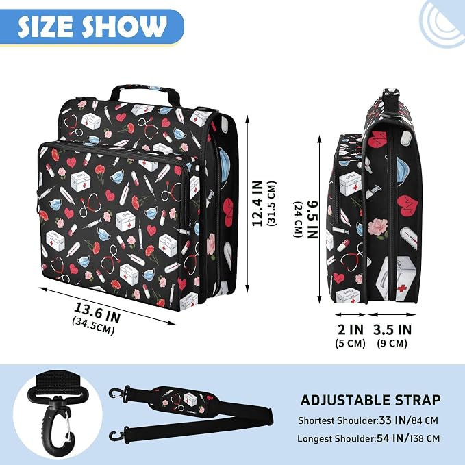 Nurse Print Zipper Binder File Organizer Bag 3 D-Ring | with Shoulder Strap, Holds 500 Sheets & 14in Laptop, 3 Ring Binder for Office Supplies
