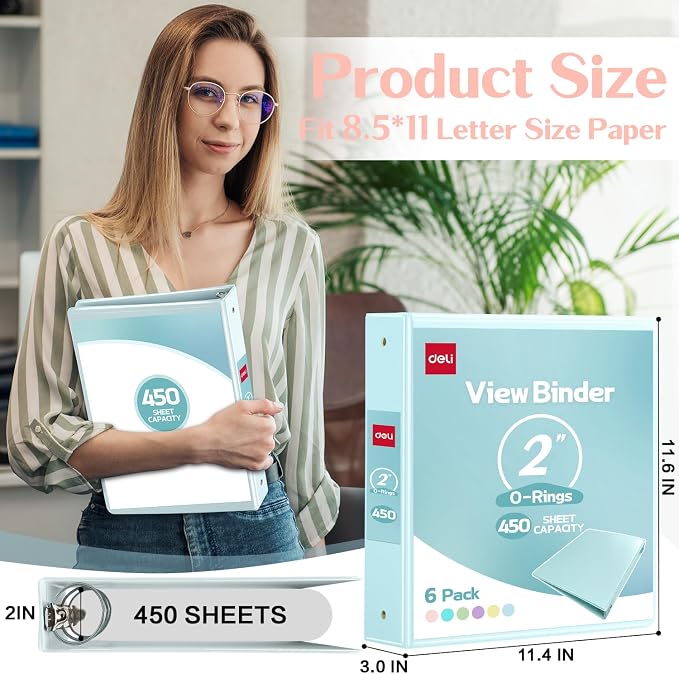 deli 2-inch 3 Ring Binder 6 Pack,11" x 8.5" US Letter Size | 2 inch Binders with 2 Interior Pockets, 450 Sheets Capacity,Assorted 6 Pastel Colors