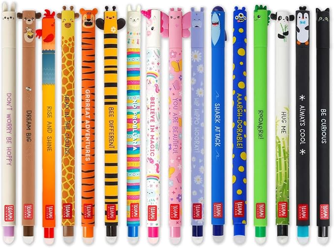 LEGAMI - Set of 16 Erasable Gel Pens with Thermosensitive Erase Ink, Range of ink colours & barrel designs, 0.7mm Tip, Animal Designs